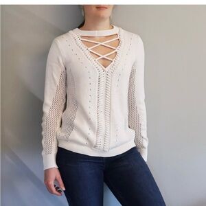 Minnie Rose Grayish V-Neck Cable Knit Sweater size medium